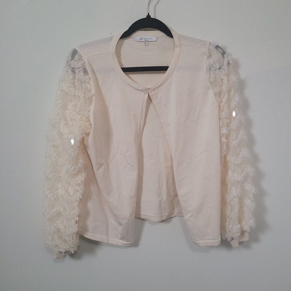 Siani Milano M Cardigan Womens Cream Sequin Fringe Textured Sleeve Open Front